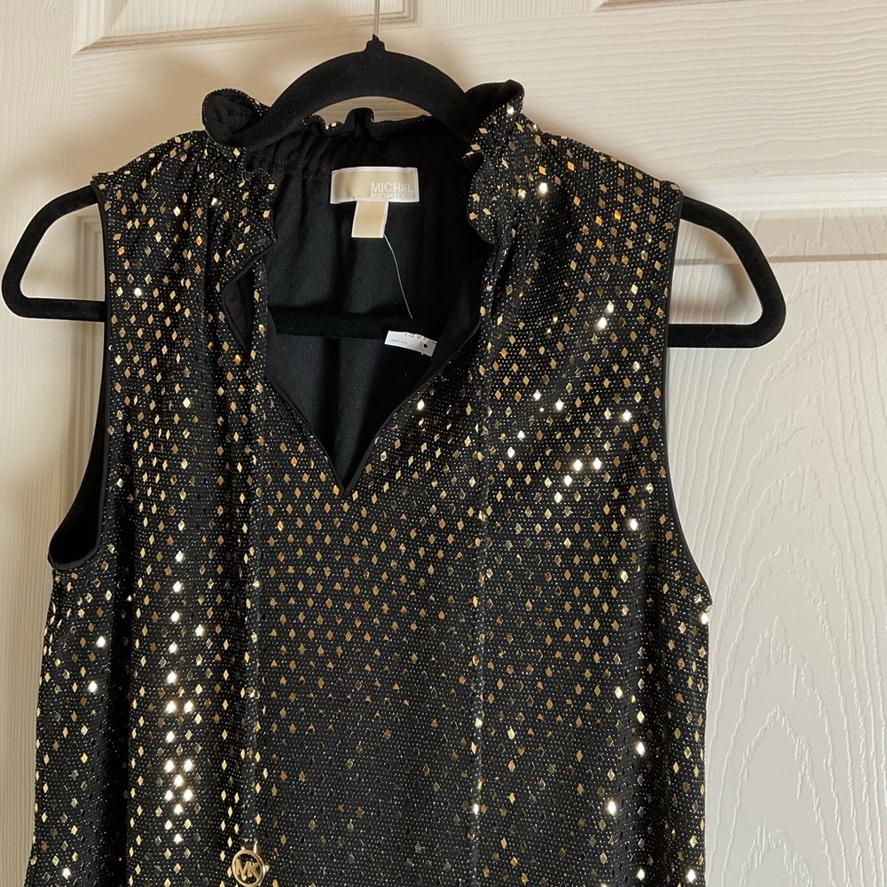 MICHAEL Michael Kors Black Gold Metallic Diamond Ruffle V-Neck Top Size M - Picture 3 of 11